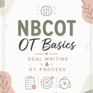 Può includere: Un poster educativo rettangolare con sfondo bianco, accenti verde salvia e rosa polvere e disegni botanici a linee. Il testo recita NBCOT OT Basics, Goal Writing > & < OT Process, con icone di una lista, un bersaglio e un ciclo.