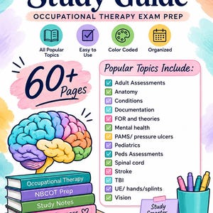 May include: An NBCOT study guide for occupational therapy exam prep featuring a colourful brain illustration, a stack of four books labelled with study notes, and a list of 60+ pages of topics including anatomy, mental health, and paediatrics.