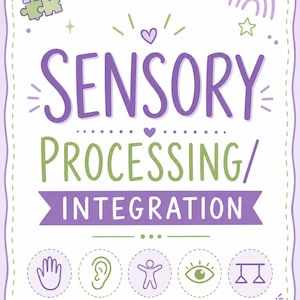 May include: A white educational poster with a purple scalloped border featuring the text SENSORY PROCESSING/INTEGRATION in purple and green. It includes icons for touch, hearing, body awareness, vision, and balance, plus puzzle pieces and stars.