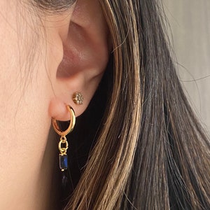 Stunning Handmade 18K Gold Plated Dangly Drop Tiny Baguette Cubic Zirconia Sapphire Blue Mini Rectangle Crystal Huggie Sleeper Hoop Earrings