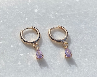 Stunning Handmade 18K Gold Plated Dangly Drop Tiny Cubic Zirconia Lilac Purple Teardrop Crystal Huggie Sleeper Hoop Earrings