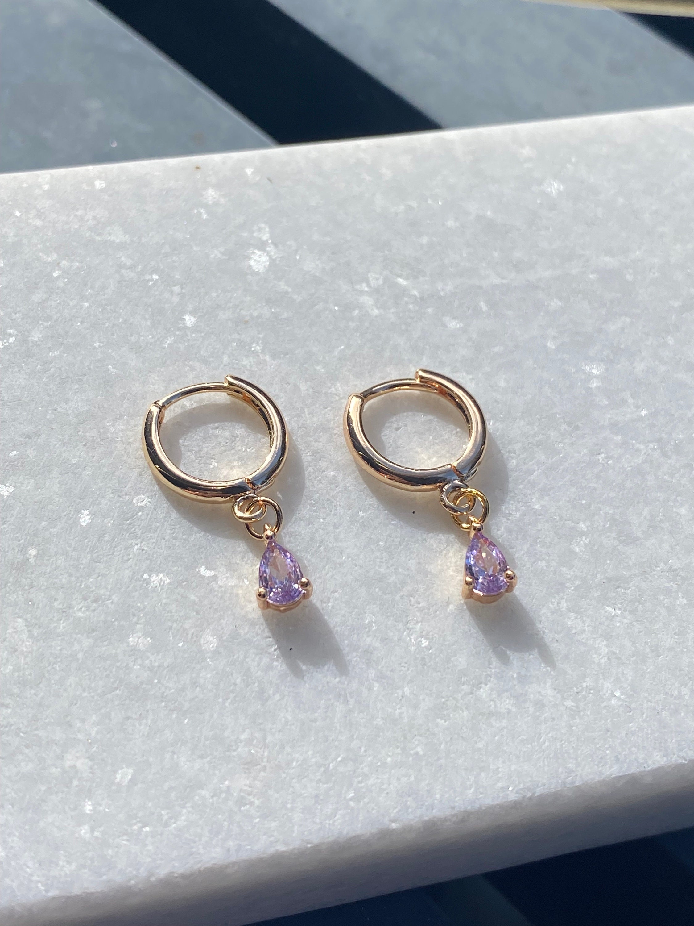 Boucles D'oreilles Pendantes - Zircon Cubique Lavande & Fleur Marguerite Rose - Neuf Sans Emballage
