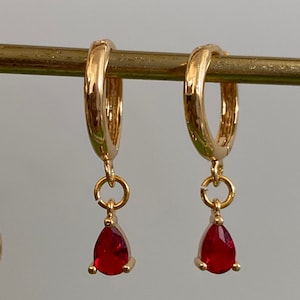 Stunning Handmade 18K Gold Plated Dangly Drop Tiny Cubic Zirconia Red Ruby Teardrop Crystal Huggie Sleeper Hoop Earrings