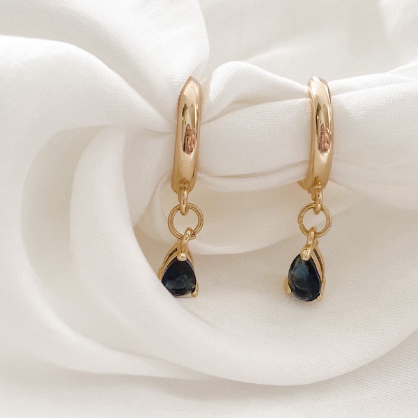 Stunning Handmade 18K Gold Plated Dangly Drop Tiny Cubic Zirconia Blue Sapphire Navy Teardrop Crystal Huggie Sleeper Hoop Earrings