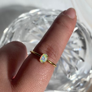 Stunning 18K Gold Plated Adjustable White Opal Moonstone Crystal Oval Thin Band Open Mini Midi Ring Stack image 4