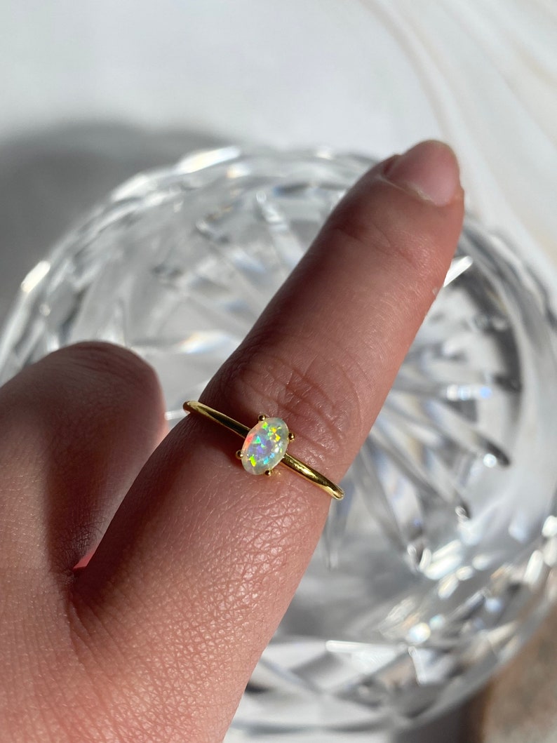 Stunning 18K Gold Plated Adjustable White Opal Moonstone Crystal Oval Thin Band Open Mini Midi Ring Stack image 4