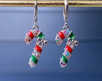 Handmade Platinum Silver Plated Dangly Stripe Candy Cane Bow Rainbow Cubic Zirconia Round Crystal Huggie Sleeper Hoop Earrings Present Gift