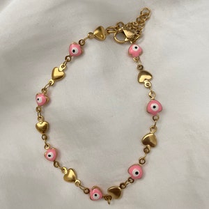 Stunning Handmade 14K Gold Plated Stainless Steel Pink Enamel Evil Eye Mini Heart Chain Bracelet