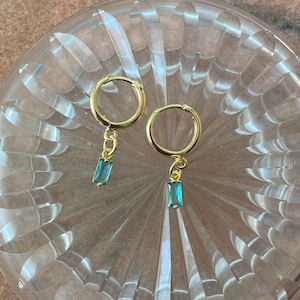 Stunning Handmade 18K Gold Plated Dangly Drop Tiny Cubic Zirconia Light Turquoise Blue Mini Rectangle Crystal Huggie Sleeper Hoop Earrings