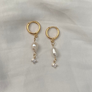 Stunning Handmade 18K Gold Plated Baroque Oval Pearl Drop With Tiny Cubic Zirconia Diamond Crystal Huggie Sleeper Hoop Earrings Gatsby