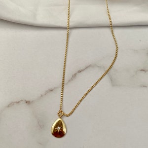 Stunning Handmade 18K Gold Plated Tear Drop Sun Etched Cubic Zirconia Diamond Crystal Pendant Fine Curb Chain Link Necklace