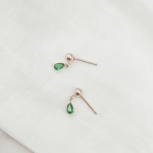 Handmade Minimalist Hypoallergenic Gold Tiny Mini 4mm Ball Drop Stud Tiny 18K Green Cubic Zirconia Teardrop Charm Earrings Helix Cartilage