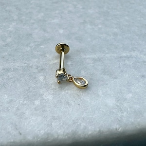 14K Gold Plated Sterling Silver CZ Zirconia Mini Dangly Teardrop Stud Through Laret Screw Cartilage Helix Tragus Conch Earring Single HE22