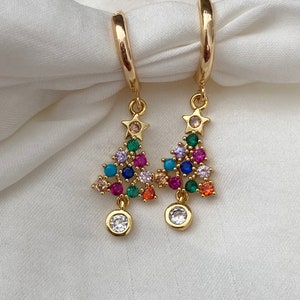 Stunning Handmade 18K Gold Plated Dangly Rainbow Christmas Tree Star Cubic Zirconia Round Crystal Huggie Sleeper Hoop Earrings Present Gift