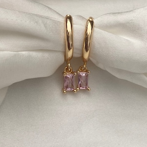 Stunning Handmade 18K Gold Plated Dangly Drop Tiny Cubic Zirconia Baby Pink Mini Rectangle Baguette Crystal Huggie Sleeper Hoop Earrings