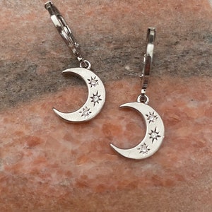 Handmade Real Platinum Plated Silver Huggie Sleeper with Dangly Cubic Zirconia Mini Three North Star Crescent Moon Charm Pair Hoop Earrings