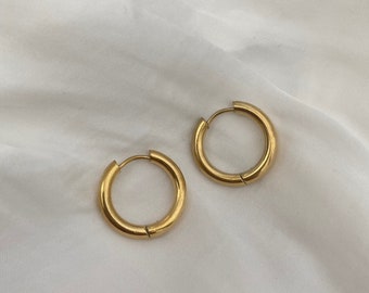Thick Everyday High Quality Hypoallergenic Chunky Stainless Steel 14K Gold Round Sleeper Huggie Hoop Stud Through Earrings Tarnish Resistant
