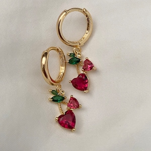 Stunning Handmade 18K Gold Plated Dangly Drop Tiny Cubic Zirconia Double Red Cherry Heart Fruit Crystal Huggie Sleeper Hoop Earrings