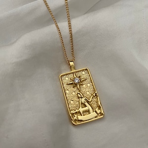 Handgefertigte Reversible 18K Echtgold Plated Rechteck Tarot Karte THE STERN Zirkonia Diamant Kristall Anhänger Feine Panzerkette Linkkette