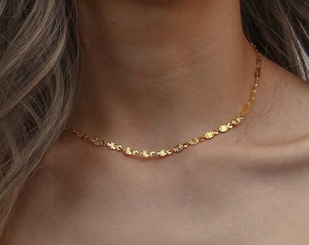 Handmade Minimalist Stainless Steel 18K Gold Plated Sun Etched Pattern Circle Disc Chain Choker Flat Link Necklace Adjustable
