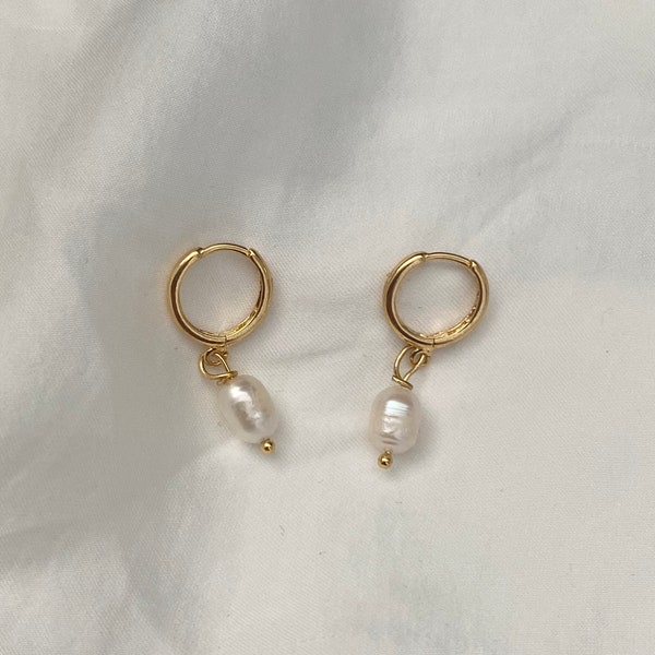 Stunning Handmade 18K Gold Plated Authentic Freshwater Baroque Rice Oval Pearl Drop Huggie Sleeper Hoop Earrings