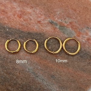 Baby 2mm Thick Everyday Hypoallergenic Chunky Stainless Steel 14K Gold Round Sleeper Huggie Hoop 8mm or 10mm Cartilage Earrings Second Third