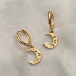 Handmade Real 18K Gold Plated Huggie Sleeper with Dangly Cubic Zirconia Mini Three North Star Crescent Moon Luna Charm Pair Hoop Earrings