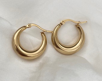 Everyday High Quality Chunky Stainless Steel 14K Gold Round Chubby Hook Hoop Stud Through Earrings Tarnish Resistant