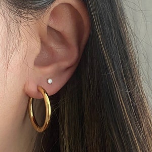 3mm Thick Everyday Hypoallergenic Chunky 2cm Stainless Steel 14K Gold Round Sleeper Huggie Hoop Stud Through Earrings Tarnish Resistant