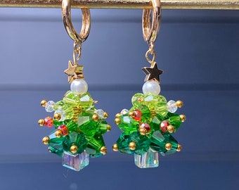 Stunning Handmade Beaded 18K Gold Plated Dangly Mixed Green Crystal Beads Christmas Tree Star Huggie Sleeper Hoop Earrings Present Gift