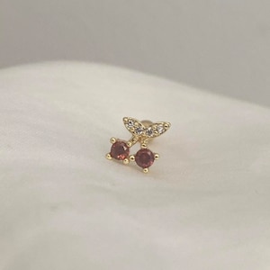 14K Gold Plated Stainless Steel Single Gold Mini Cubic Zirconia Red Cherry Fruit Ball Screw Stud Cartilage Helix Tragus Lobe Earring HE15