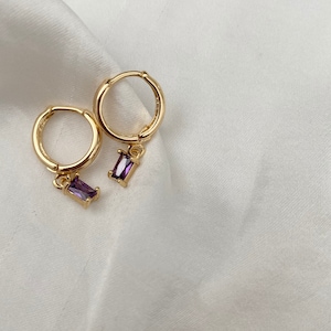 Handmade 18K Gold Plated Huggie Earrings: Lilac Baguette Cubic Zirconia Mini Rectangle Drop