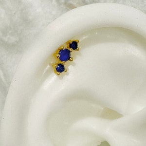 14K Gold Plated CZ Zirconia Mini Sapphire Blue Tri Round Stud Through 2mm Screw Ball Cartilage Helix Tragus Conch Rook Earring Single HE24