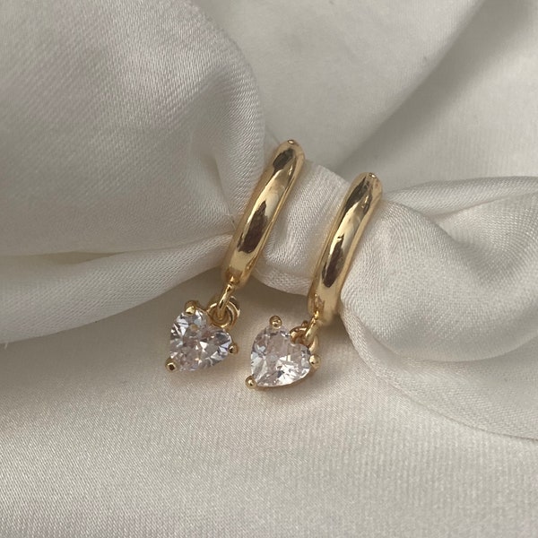 Stunning Handmade 18K Gold Plated Dangly Drop Tiny Cubic Zirconia Clear Heart SMALL Size Crystal Huggie Sleeper Hoop Earrings