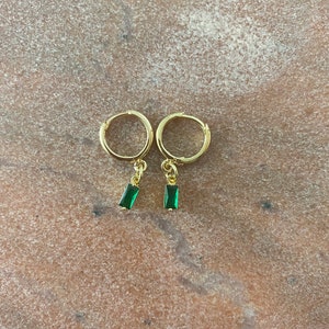 Stunning Handmade 18K Gold Plated Dangly Drop Tiny Baguette Cubic Zirconia Green Emerald Mini Rectangle Crystal Huggie Sleeper Hoop Earrings