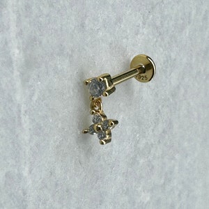 14K Gold Plated Sterling Silver CZ Zirconia Mini Dangly Flower Stud Through Laret Screw Cartilage Helix Tragus Conch Earring Single HE27