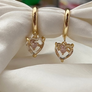 Stunning Handmade Korean Luxe 18K Gold Plated Dangly Tiny Cubic Zirconia Baby Pink Heart Within Crystal Charm Huggie Sleeper Hoop Earrings