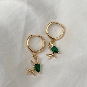 Stunning Handmade 18K Gold Plated Dangly Christmas Reindeer Green Emerald Teardrop Cubic Zirconia Crystal Huggie Sleeper Hoop Earrings
