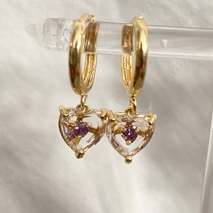 Stunning Handmade Korean Luxe 18K Gold Plated Dangly Drop Tiny Cubic Zirconia Purple Heart Within Crystal Charm Huggie Sleeper Hoop Earrings
