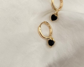 Stunning Handmade 18K Gold Plated Dangly Drop Tiny Cubic Zirconia Black Heart Crystal Huggie Sleeper Hoop Earrings