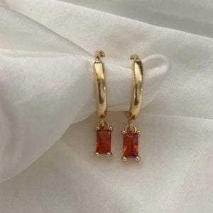Stunning Handmade 18K Gold Plated Dangly Drop Tiny Cubic Zirconia Mini Rectangle Baguette Orange Red Crystal Huggie Sleeper Hoop Earrings