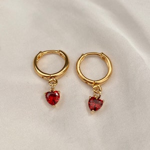 Stunning Handmade 18K Gold Plated Dangly Drop Tiny Cubic Zirconia Red Heart Crystal Huggie Sleeper Hoop Earrings