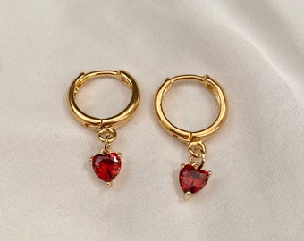 Stunning Handmade 18K Gold Plated Dangly Drop Tiny Cubic Zirconia Red Heart Crystal Huggie Sleeper Hoop Earrings