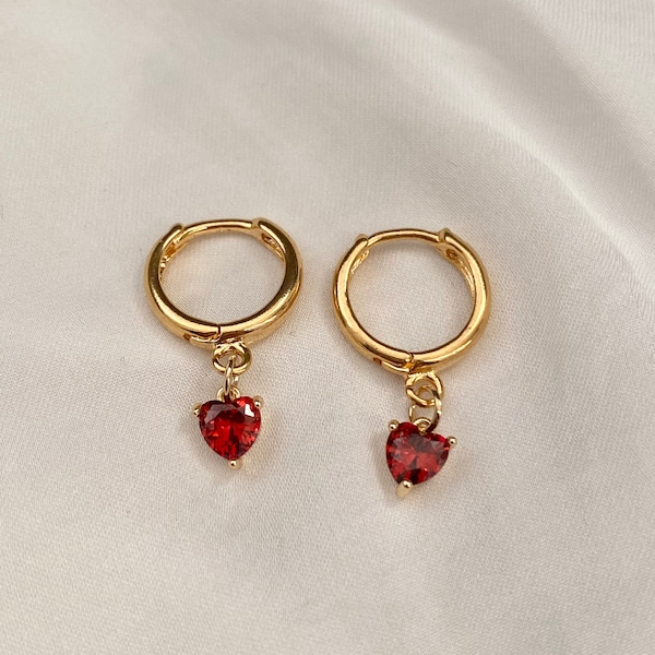 Stunning Handmade 18K Gold Plated Dangly Drop Tiny Cubic Zirconia Red Heart Crystal Huggie Sleeper Hoop Earrings
