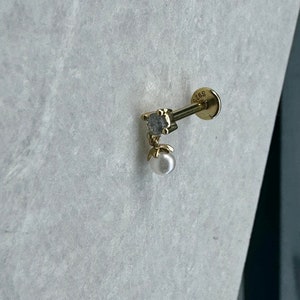 14K Gold Plated Sterling Silver CZ Zirconia Mini Dangly Pearl Stud Through Laret Screw Cartilage Helix Tragus Conch Rook Earring Single HE21