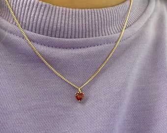 Stunning Handmade 18K Gold Plated Dangly Drop Tiny Cubic Zirconia Red Heart Crystal Pendant Fine Curb Chain Link Necklace