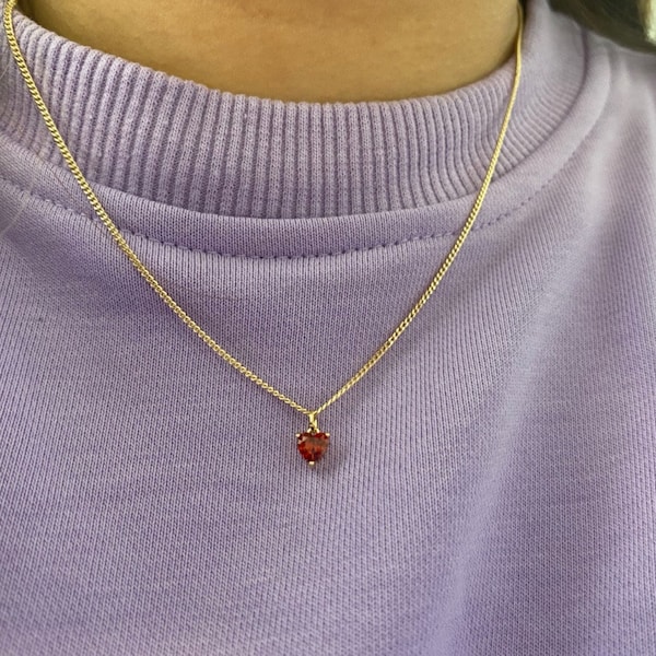 Stunning Handmade 18K Gold Plated Dangly Drop Tiny Cubic Zirconia Red Heart Crystal Pendant Fine Curb Chain Link Necklace