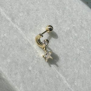 14K Gold Plated CZ Zirconia Mini Crescent Moon Dangly Star Stud Through 2mm Screw Ball Cartilage Helix Tragus Conch Rook Earring Single HE20
