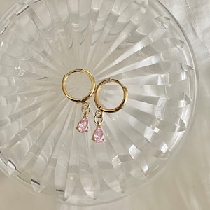 Stunning Handmade 18K Gold Plated Dangly Drop Tiny Cubic Zirconia Baby Pink Teardrop Crystal Huggie Sleeper Hoop Earrings