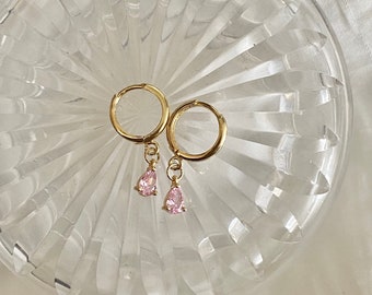 Stunning Handmade 18K Gold Plated Dangly Drop Tiny Cubic Zirconia Baby Pink Teardrop Crystal Huggie Sleeper Hoop Earrings